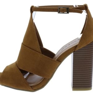 Cognac Peep Toe Cut Out Ankle Strap Block Heel